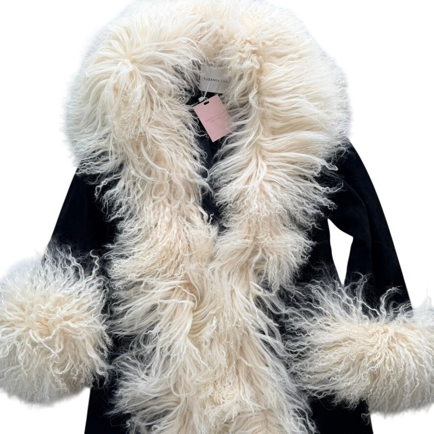 Susanna Chow Women's Dorothy Suede Leather Long Coat Black Mohair New Large — image 2 of 8